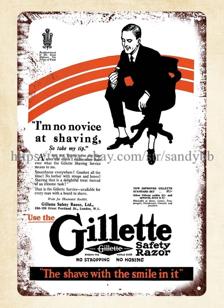 1924 Gillette ad safety razor shaving metal tin sign interior design man caves