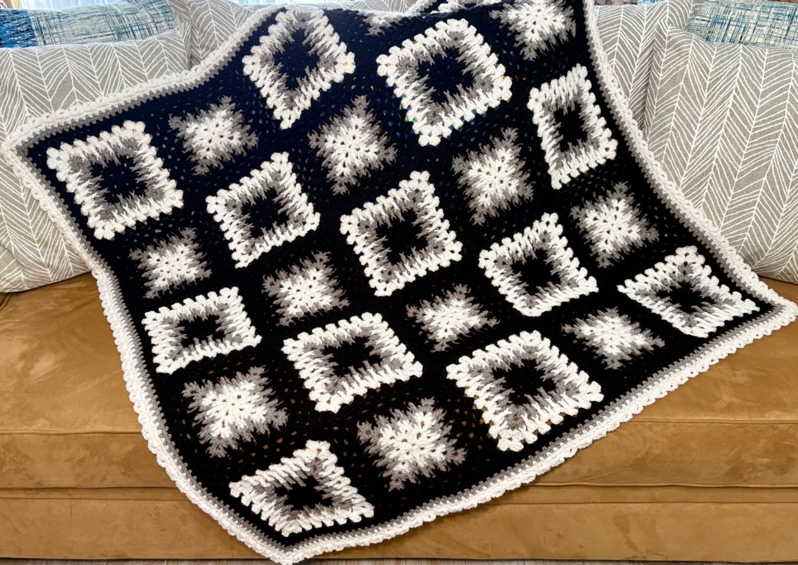 Afghan Sofa Throw 46&Prime;x 46&Prime; Black White & Gray Crochet HANDMADE NEW & NEVER USED