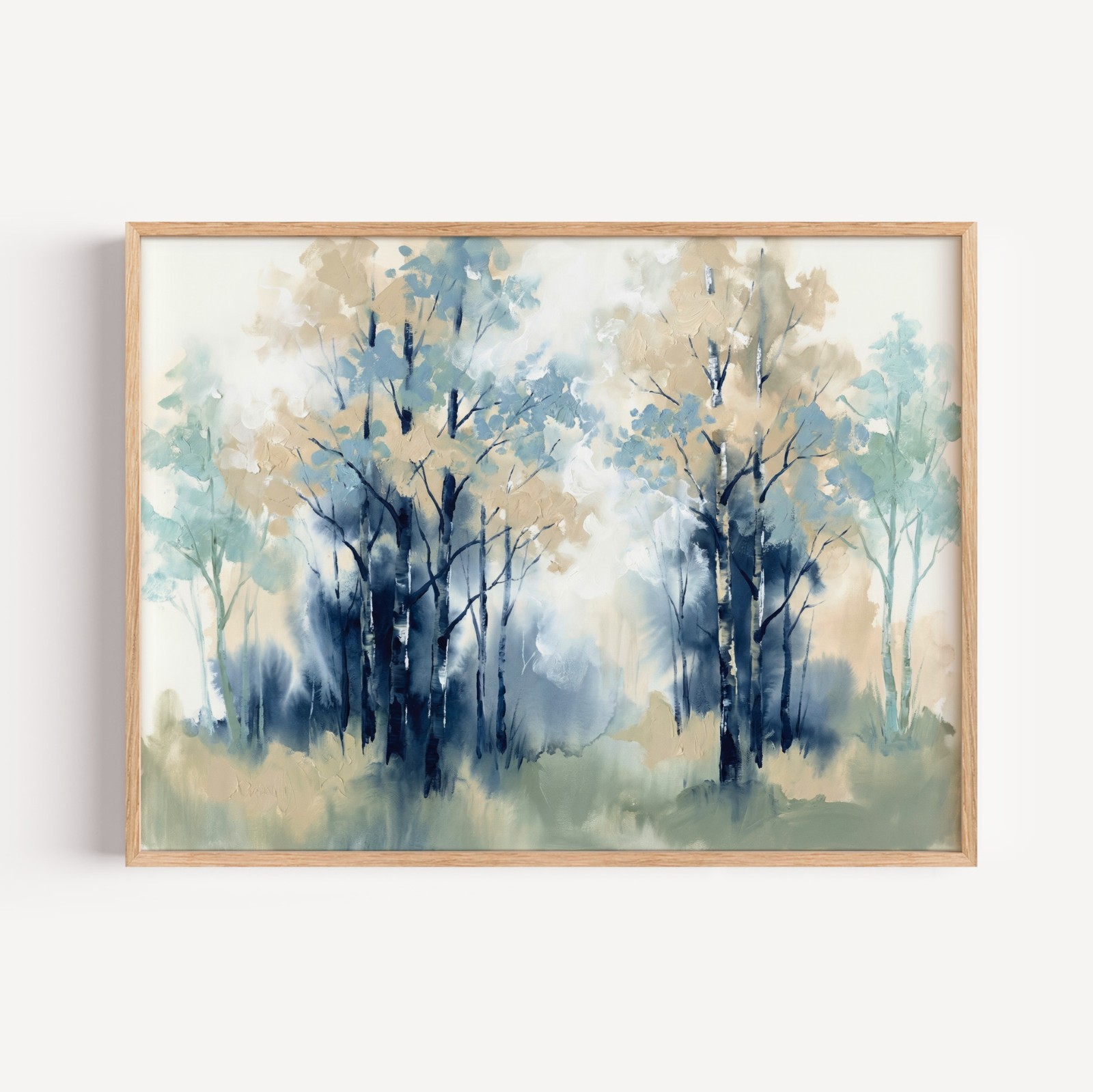 Abstract Blue Birch Tree Forest Wall Art, Impressionist Woods Landscape Canvas