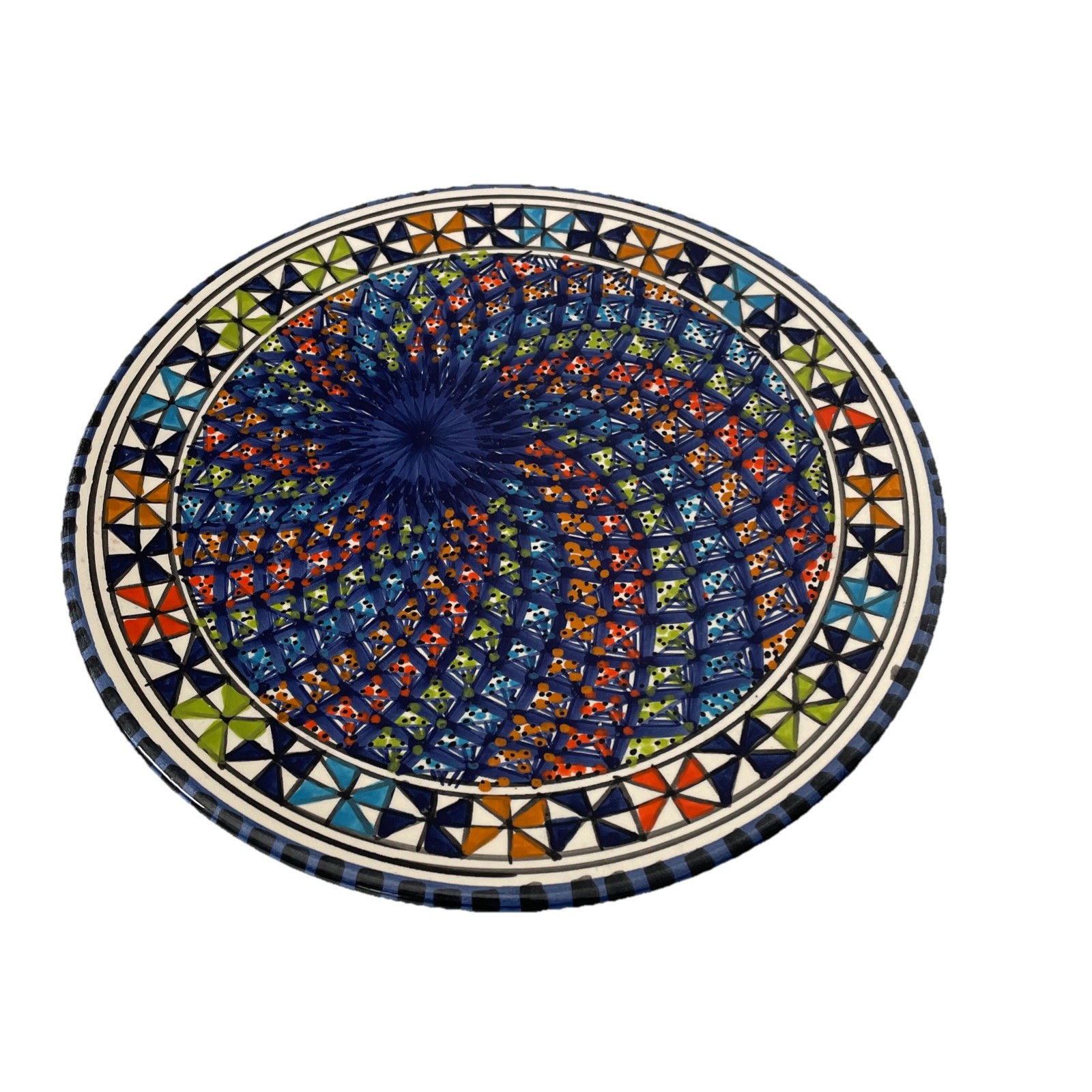 Hand Painted Tunisian Ceramic Wall Plate Geometric Mosaic Design 11 Inches