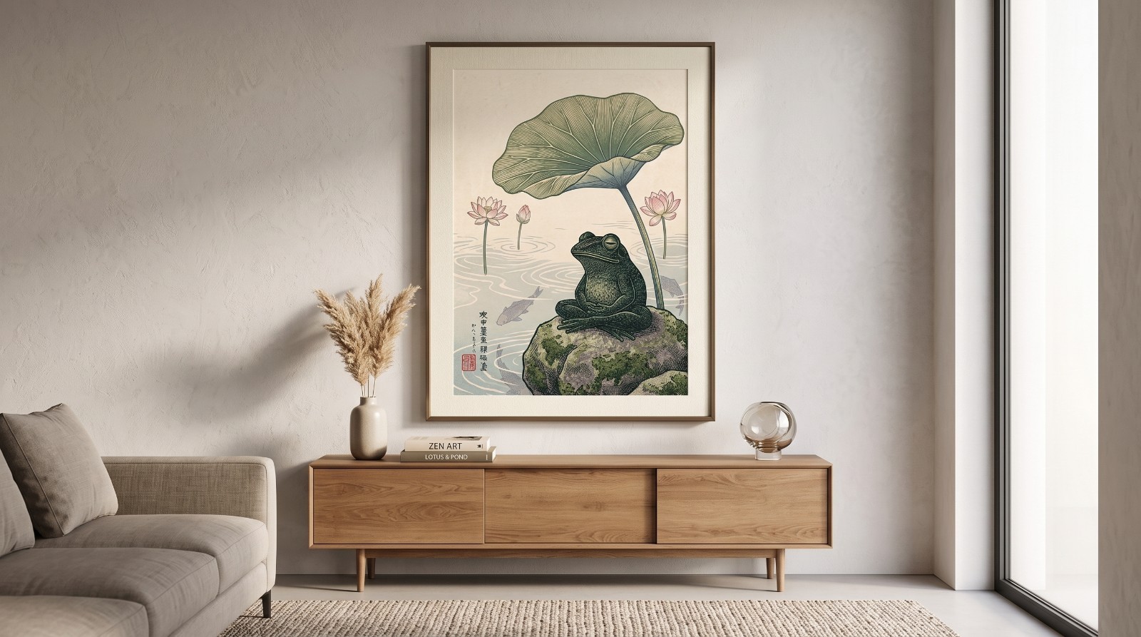 Japanese Ukiyo-e Frog Woodblock Art Poster Meditating Zen Frog Lotus Wall Decor