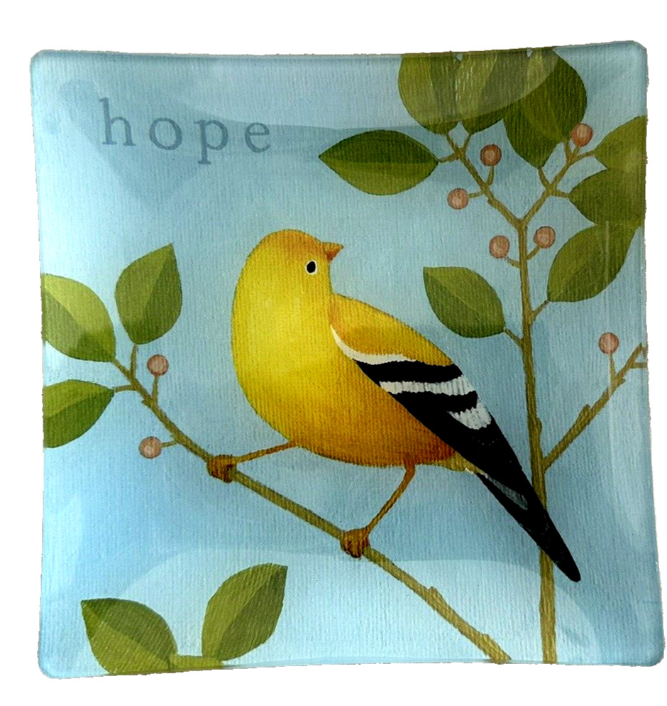 Reverse Painted Square Glass Plate Gold Finch « Hope » ~5.75 in