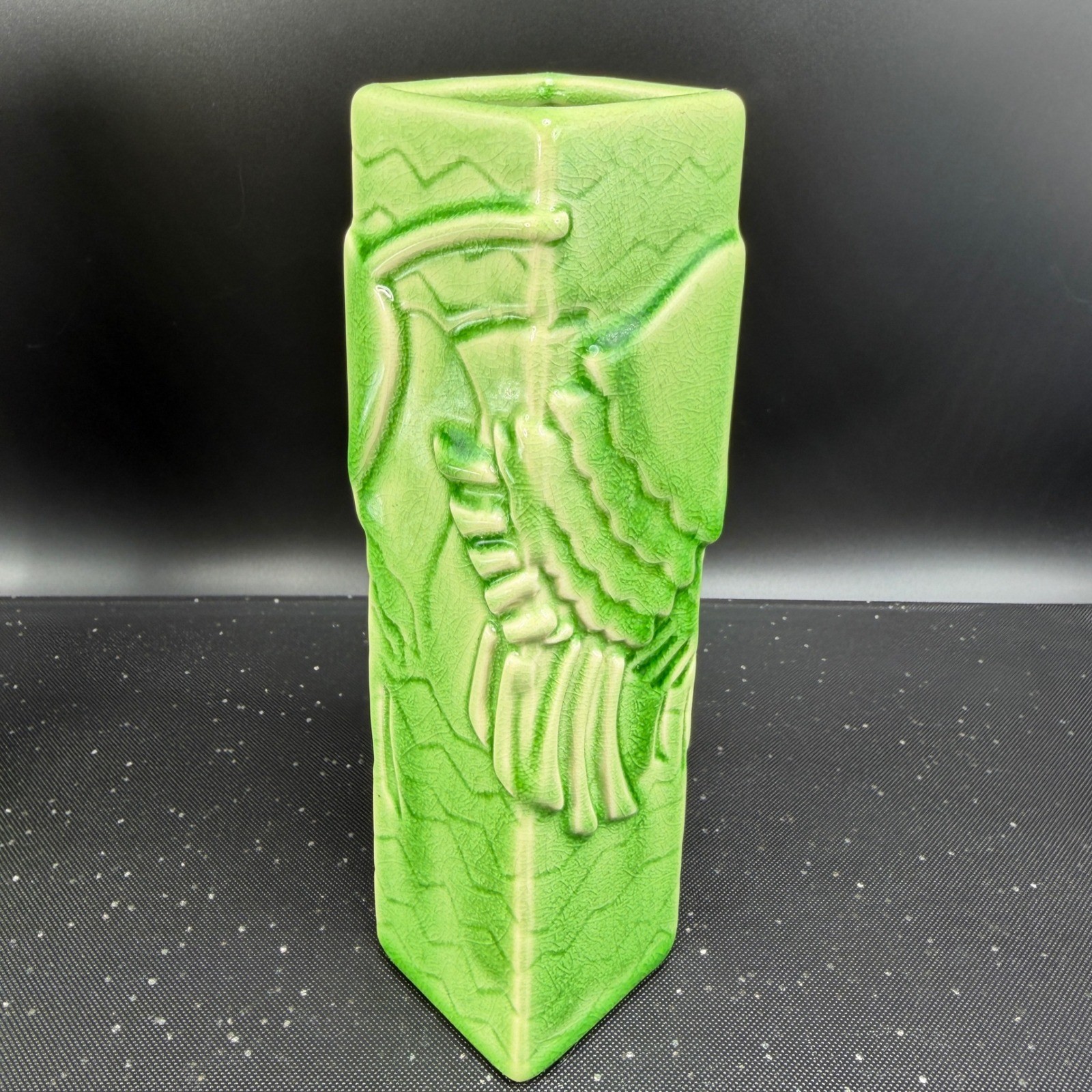 Global Views Green Crackle Glaze Ceramic Bud Vases Set of 2 Geometric Relief 8in