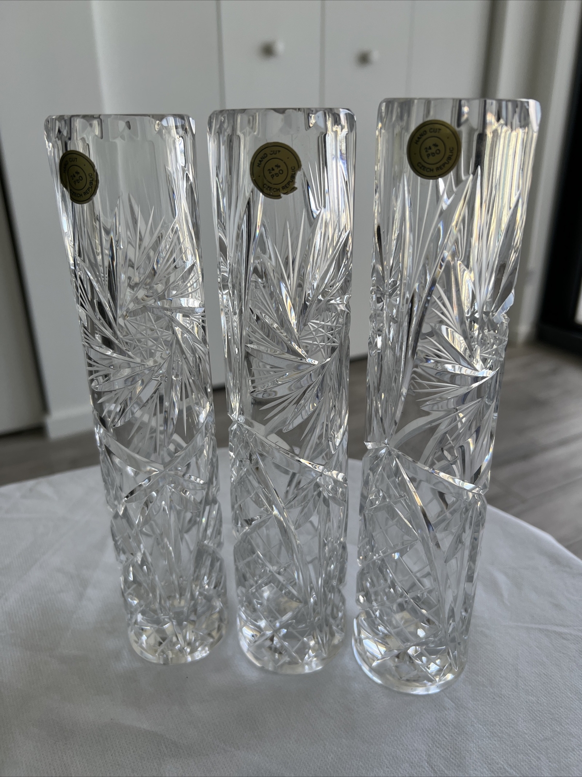 Vtg Bohemia Czech Republic 24% PbO Lead Crystal 10 1/8” Tall Set of Three (3)