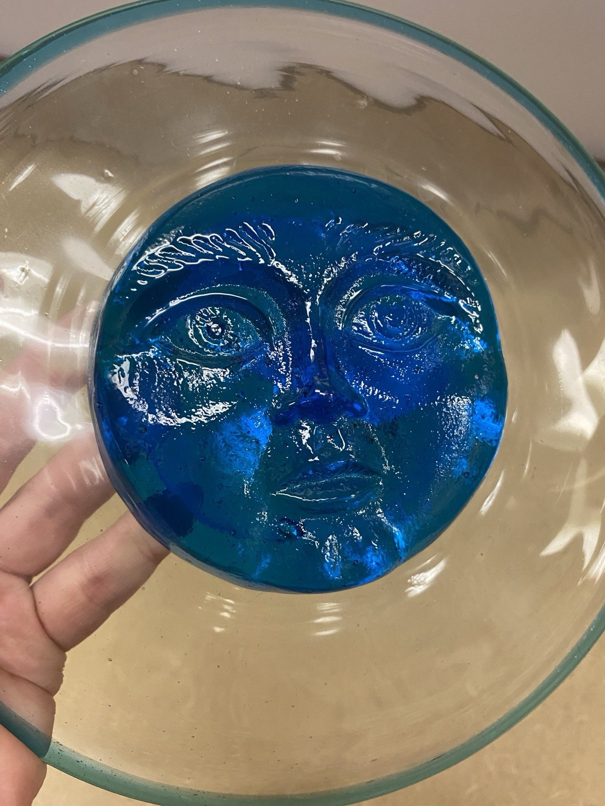 9&Prime; Vintage Blue Sun Moon Face Art Glass Sun Catcher