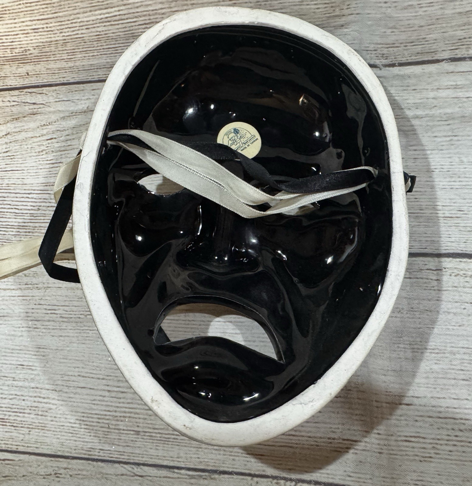 Vintage Taiwan Hand Painted Ceramic Porcelain Wall Mask Black Jester Sad Face