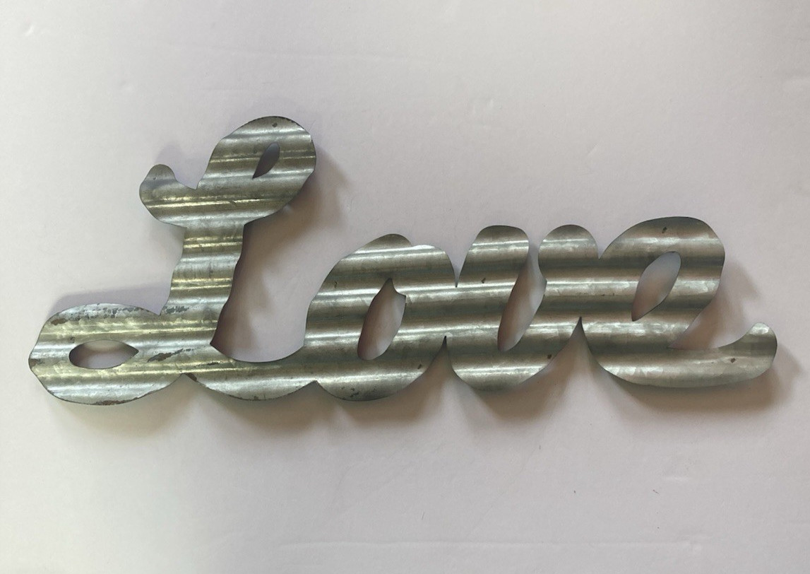 LOVE Sign Corrugated Galvanized Metal Wall Hanging Silver 16&Prime; Lightweight
