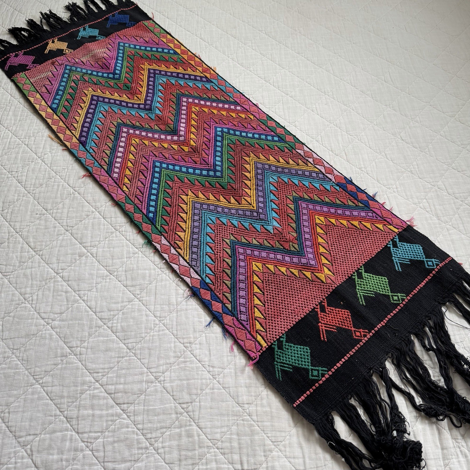 Vintage Handwoven Ethnic Textile Runner Boho Folk Art 16”x 46” Fringed