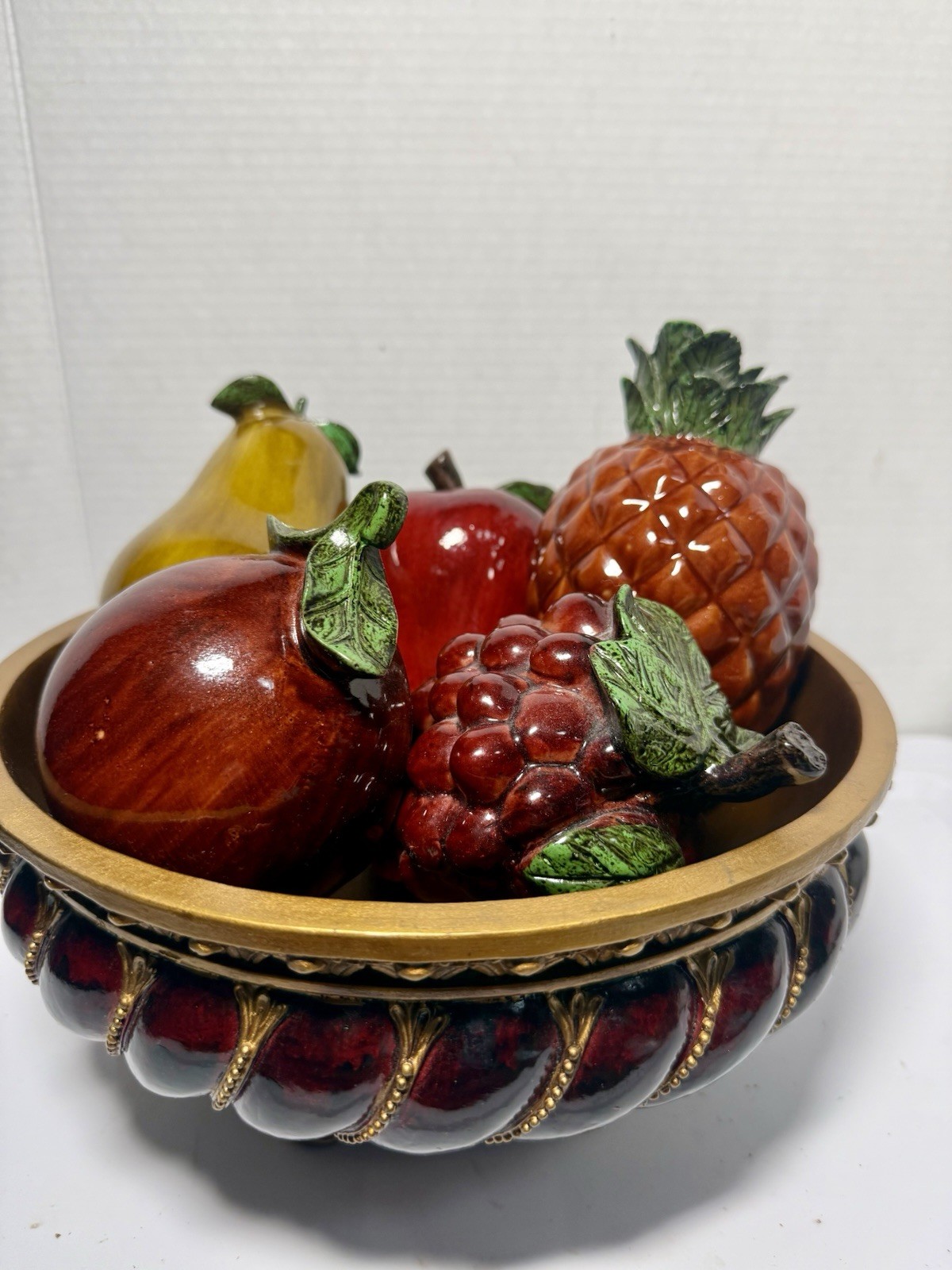 Ceramic Multicolor Fruit Centerpiece Bowl with Pineapple Pear Grapes Apple Pom
