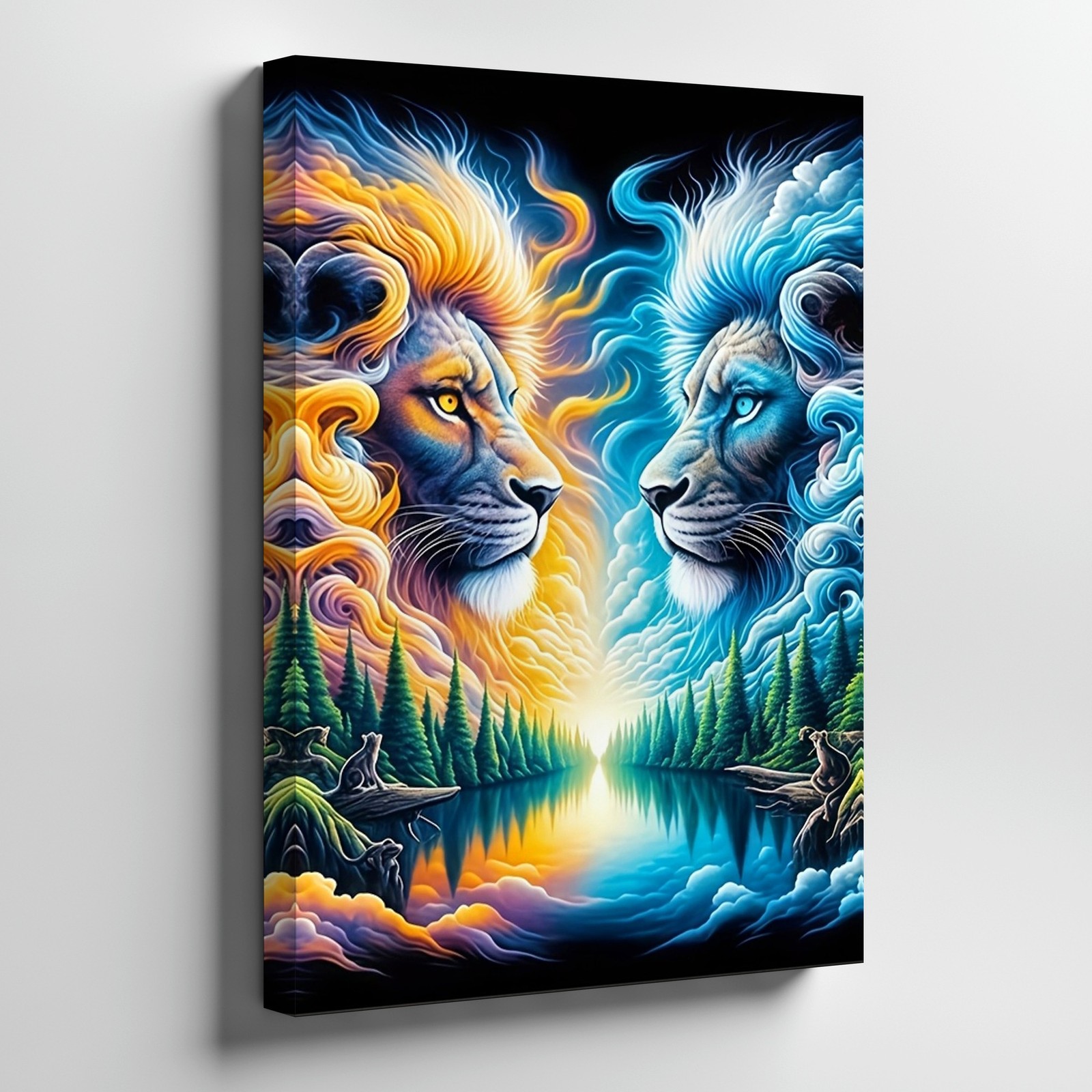Sun And Moon Lions Canvas Wall Art Surreal Nature Fantasy Animal Print Home