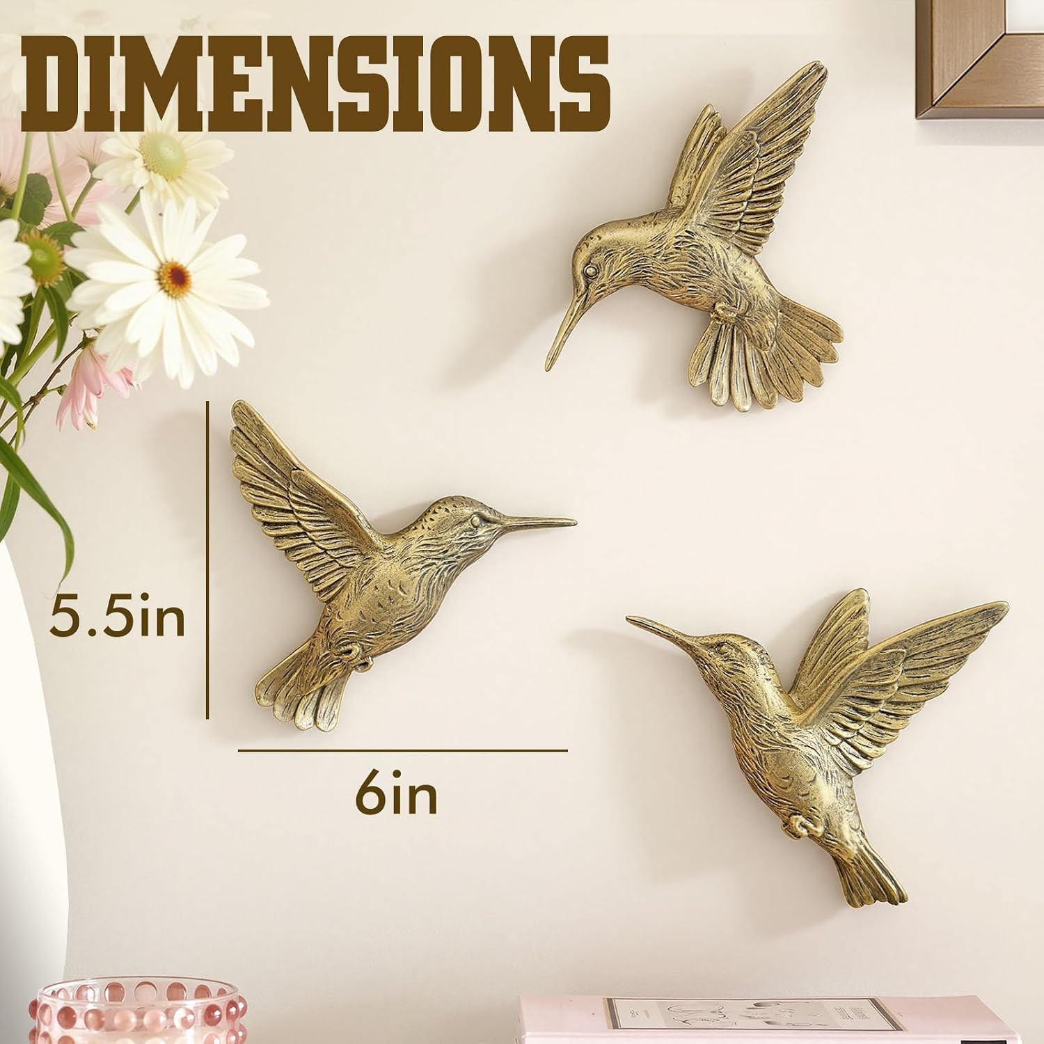 GUSFREUD 3D Hummingbird Wall Decor Set – Brass Resin Bird Wall Decor for Living