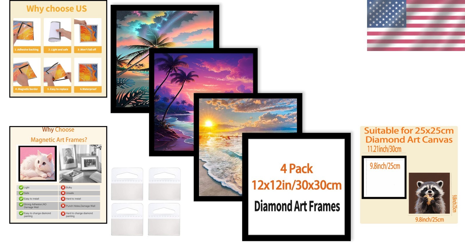 Versatile 12×12 Black Diamond Art Frames – Easy Magnetic Installation Set of 4