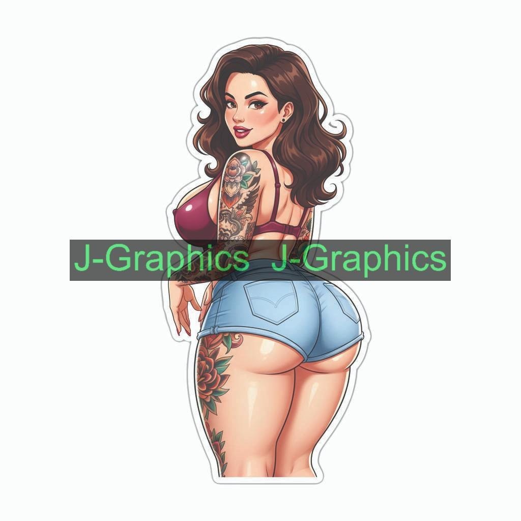 Pinup girl push sticker vinyl decal corset busty cheeky sexy seductive J