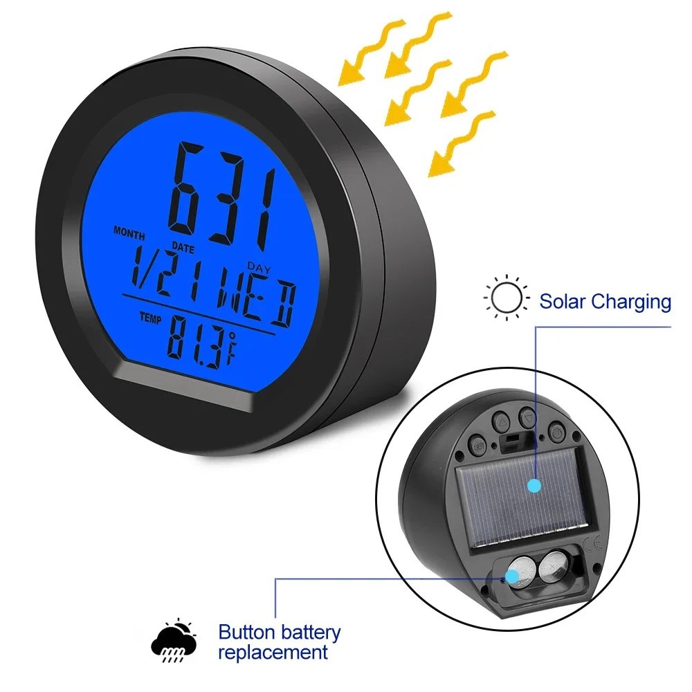 Car Dashboard Clock Solar Powered Thermometer Digital Temperature Time Display