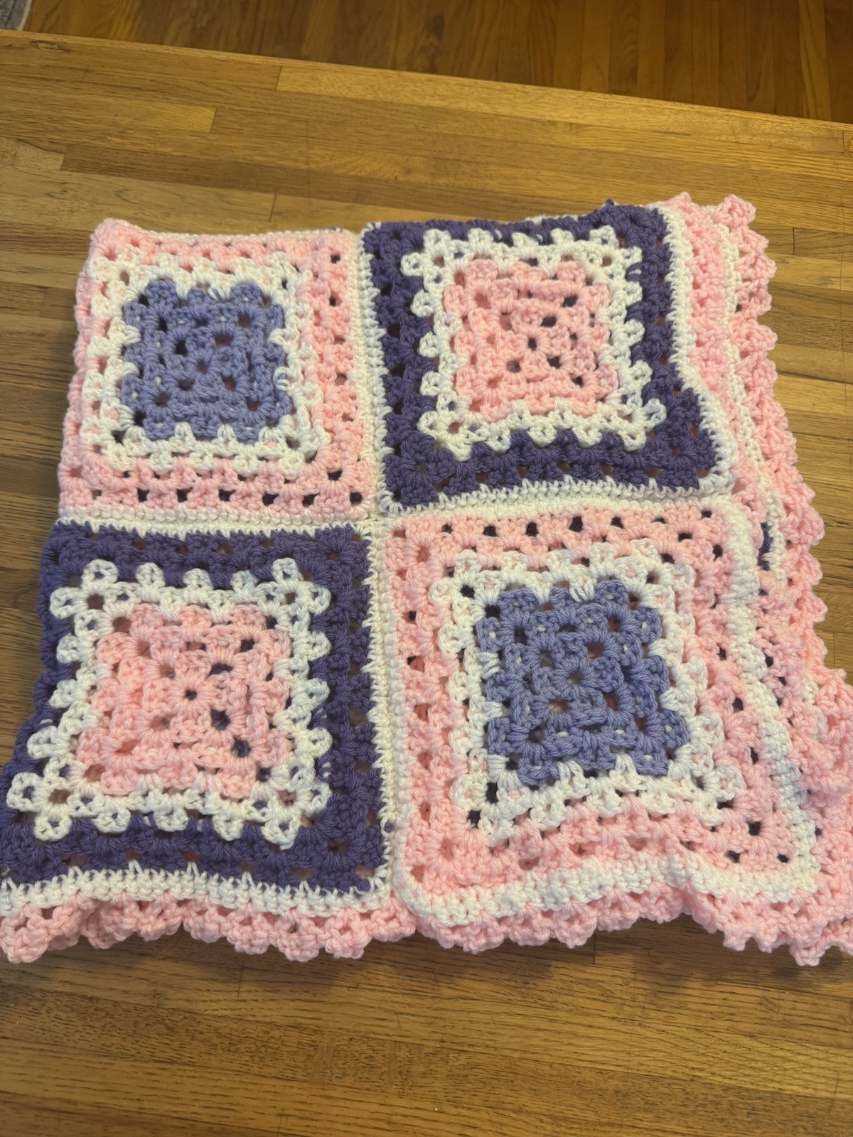 Handmade Pink White Purple Granny Square Crochet Afghan Blanket 38×38 boho
