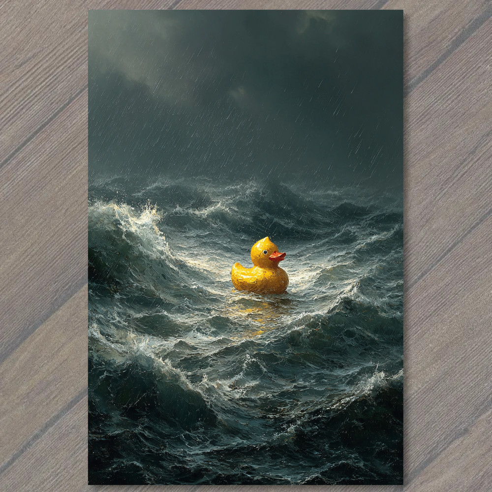 Art Print Rubber Duck Storm Rainy Sea Dark Waves Dramatic Ocean Survival Humor