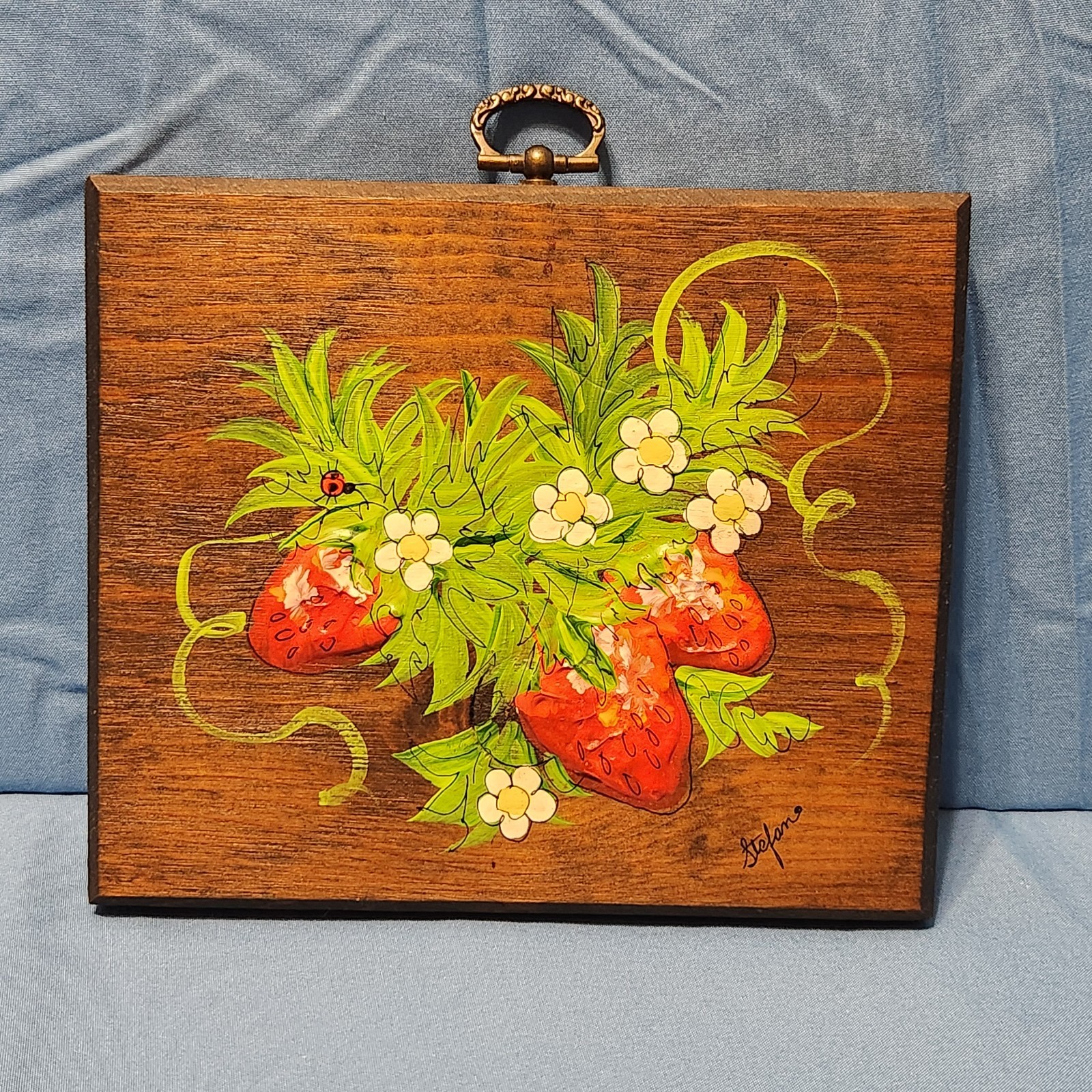 Vtg Hand Painted Strawberry Wood Plaque Signed 6in × 5 in Wall Decor Folk Art
