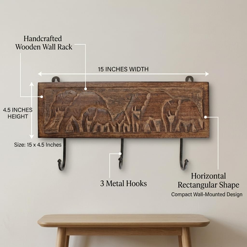 Wooden Cloth Hook Coat Rack Wall Mount 3 Hooks with Carving for Hanging Hat