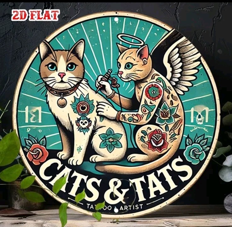 Cats & Tats Tattoo Angel Wing Cat Round Metal Tin Sign Wall Decor 7.8×7.8 Inch