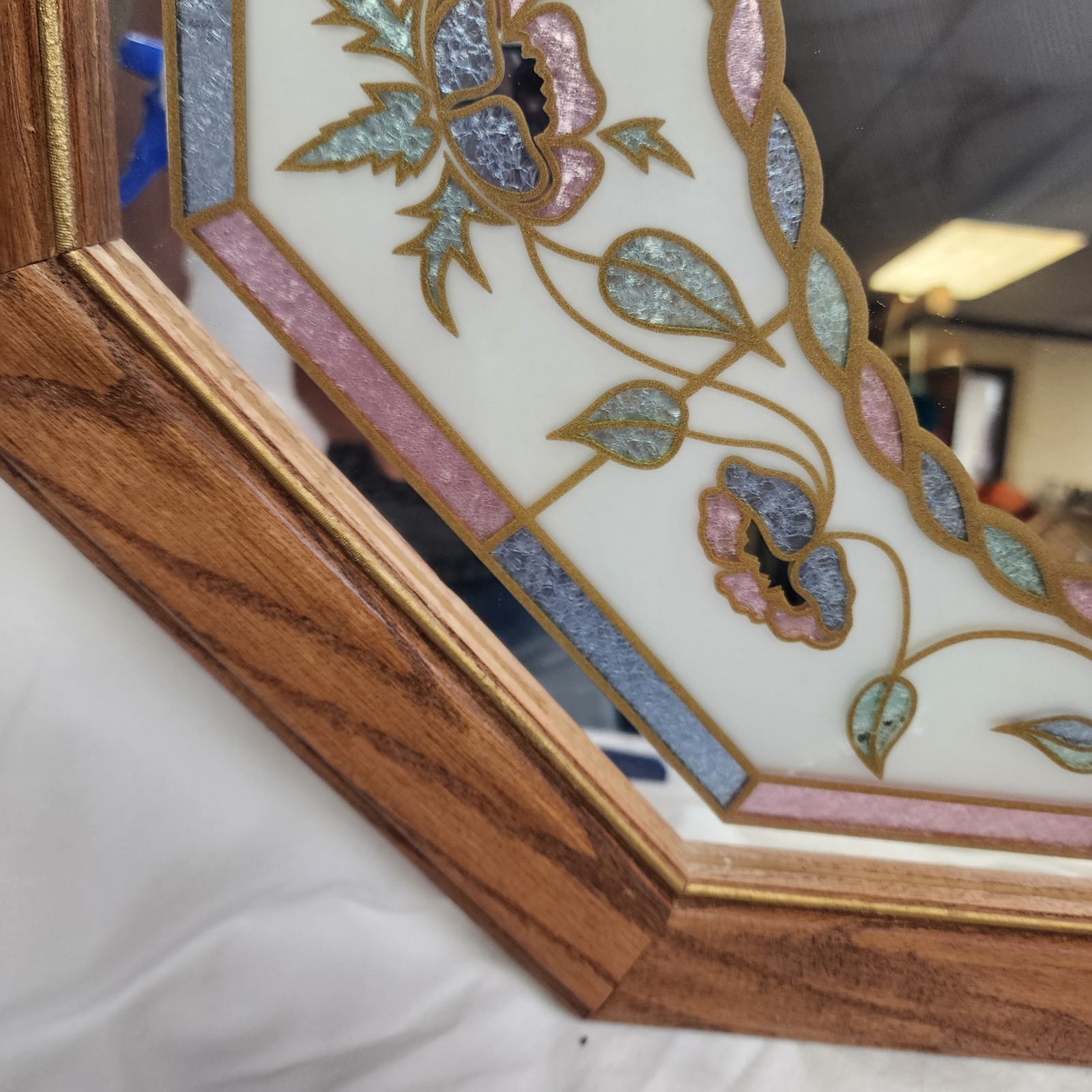 Vintage Cottagecore Floral Etched Stained Glass Mirror Octagon 1980s 90s 21&Prime;x31&Prime;