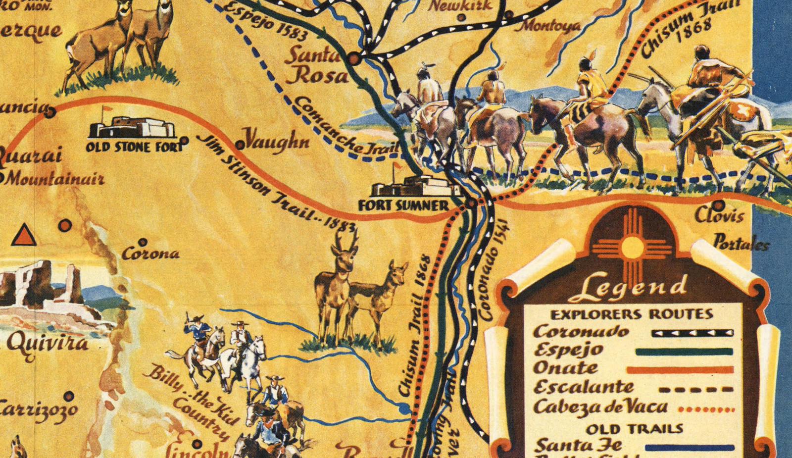 Early Pictorial Map Historical Trails Through New Mexico Wall Art Poster Vintage