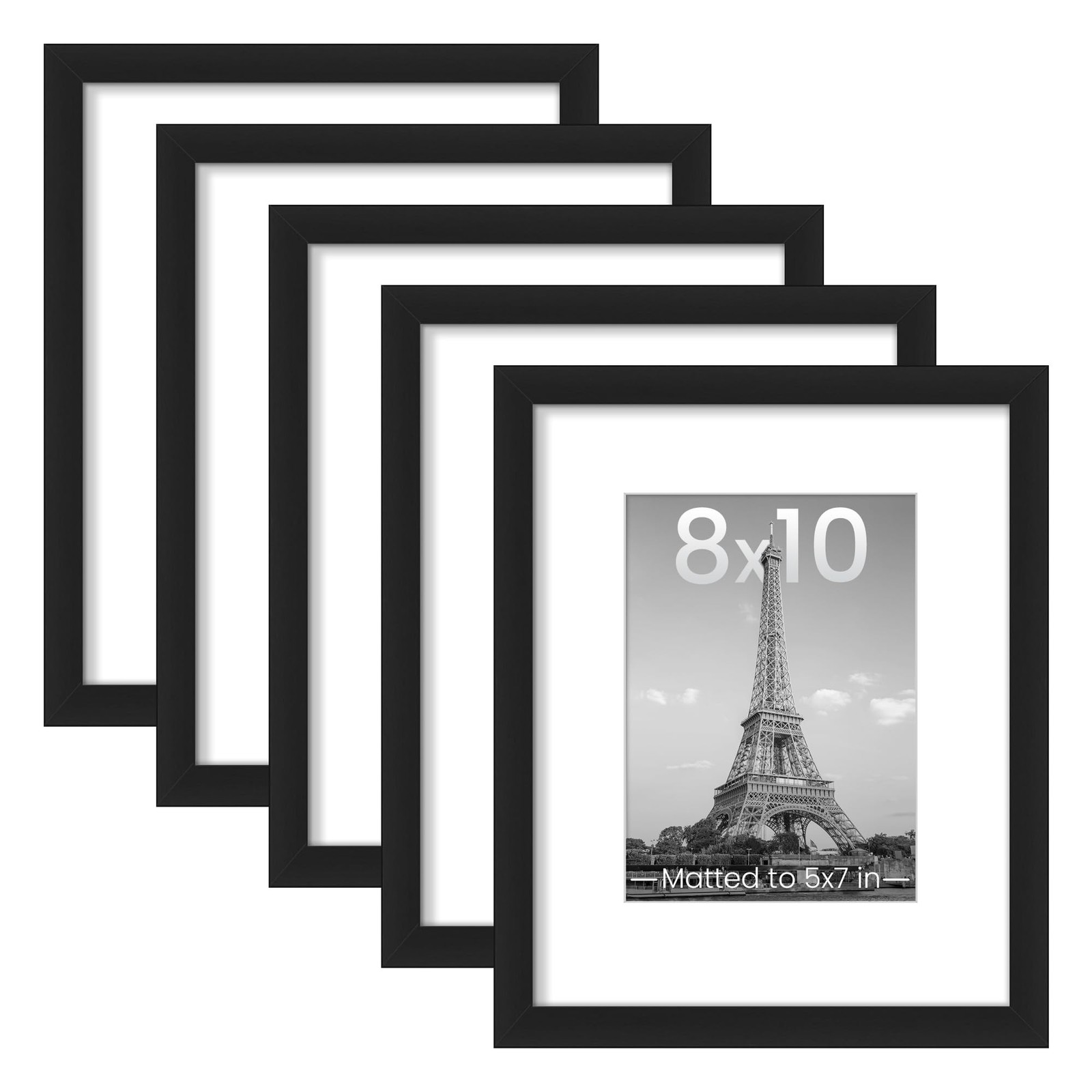8×10 Picture Frame Set of 5 Display 5×7 with Mat or 8×10 Wall Gallery Black