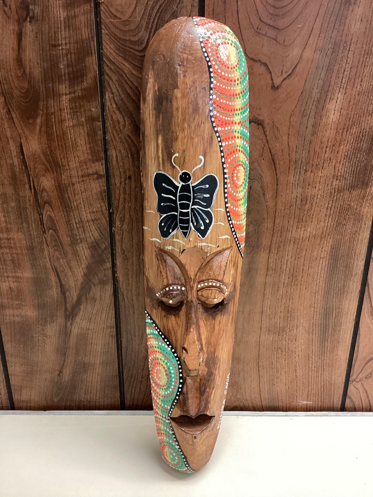 Hand Carved Wood Wall Mask Butterfly Punta Cana Brown Colorful Ethnic Decor