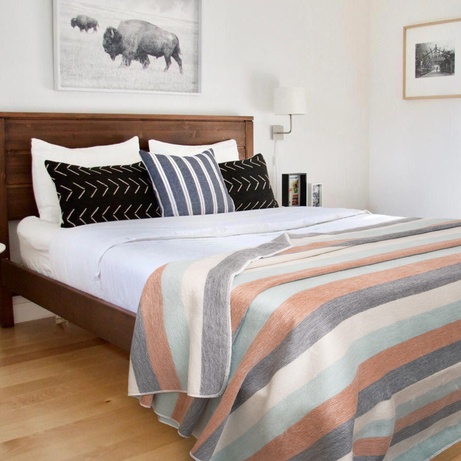 TRANQUIL STRIPED ALPACA WOOL BLEND BLANKET – 97×67 | AQUA, SLATE & CLAY | QUEEN