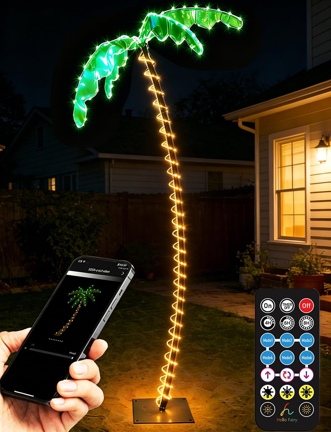 7FT Lighted Palm Tree, Outdoor Artificial Palm Tree with Glowing Leaves and R…