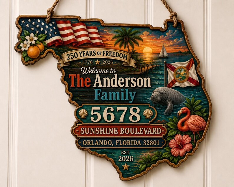 Personalized Florida Patriotic American Wooden Sign with Rope