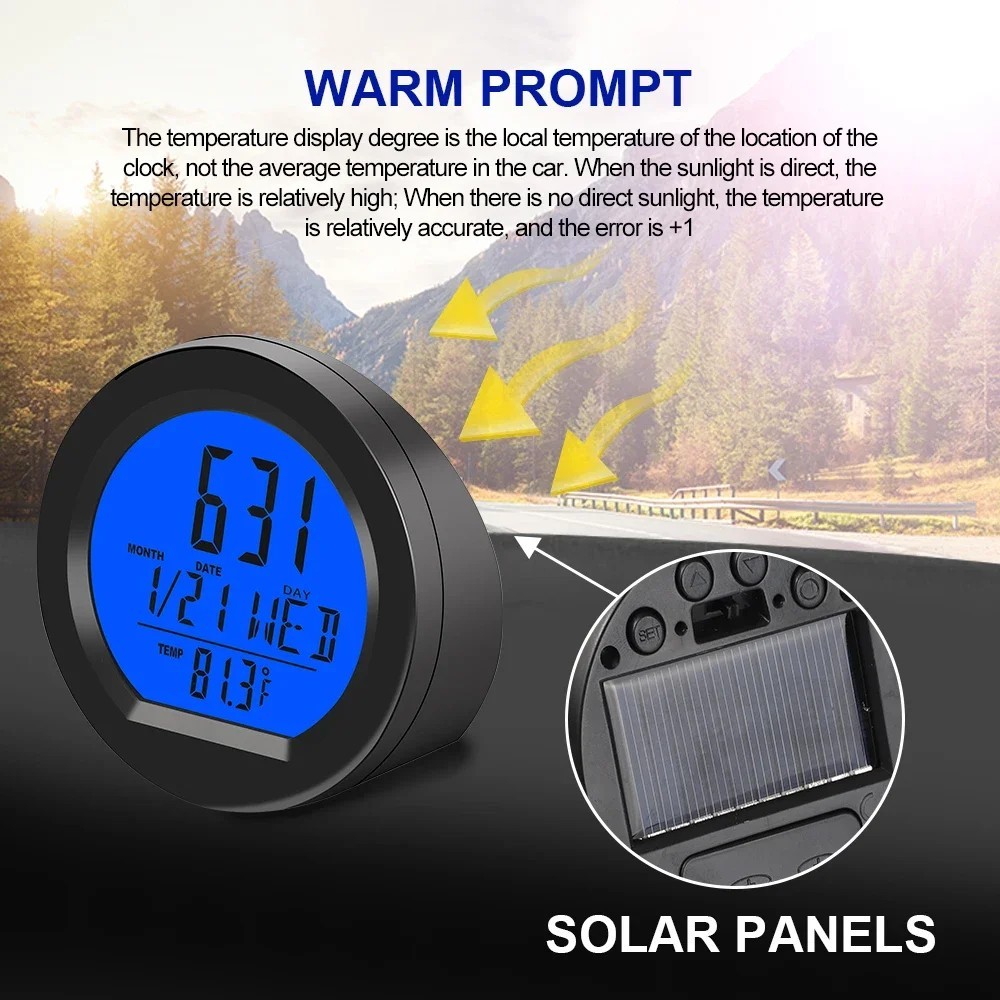 Car Dashboard Clock Solar Powered Thermometer Digital Temperature Time Display