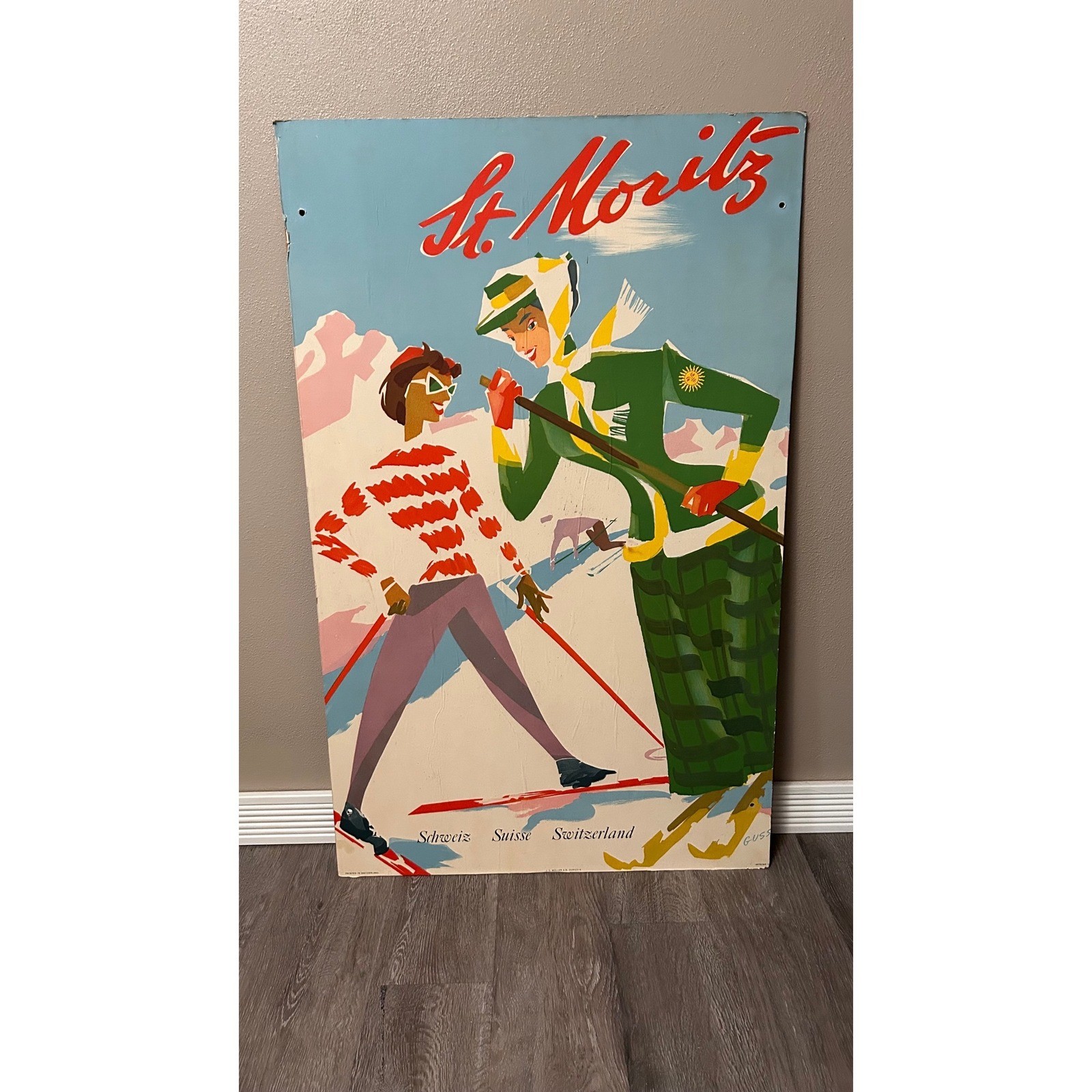 Vintage St. Moritz Switzerland Ski Travel Poster Art on Wood Board 24×39.5 Guss