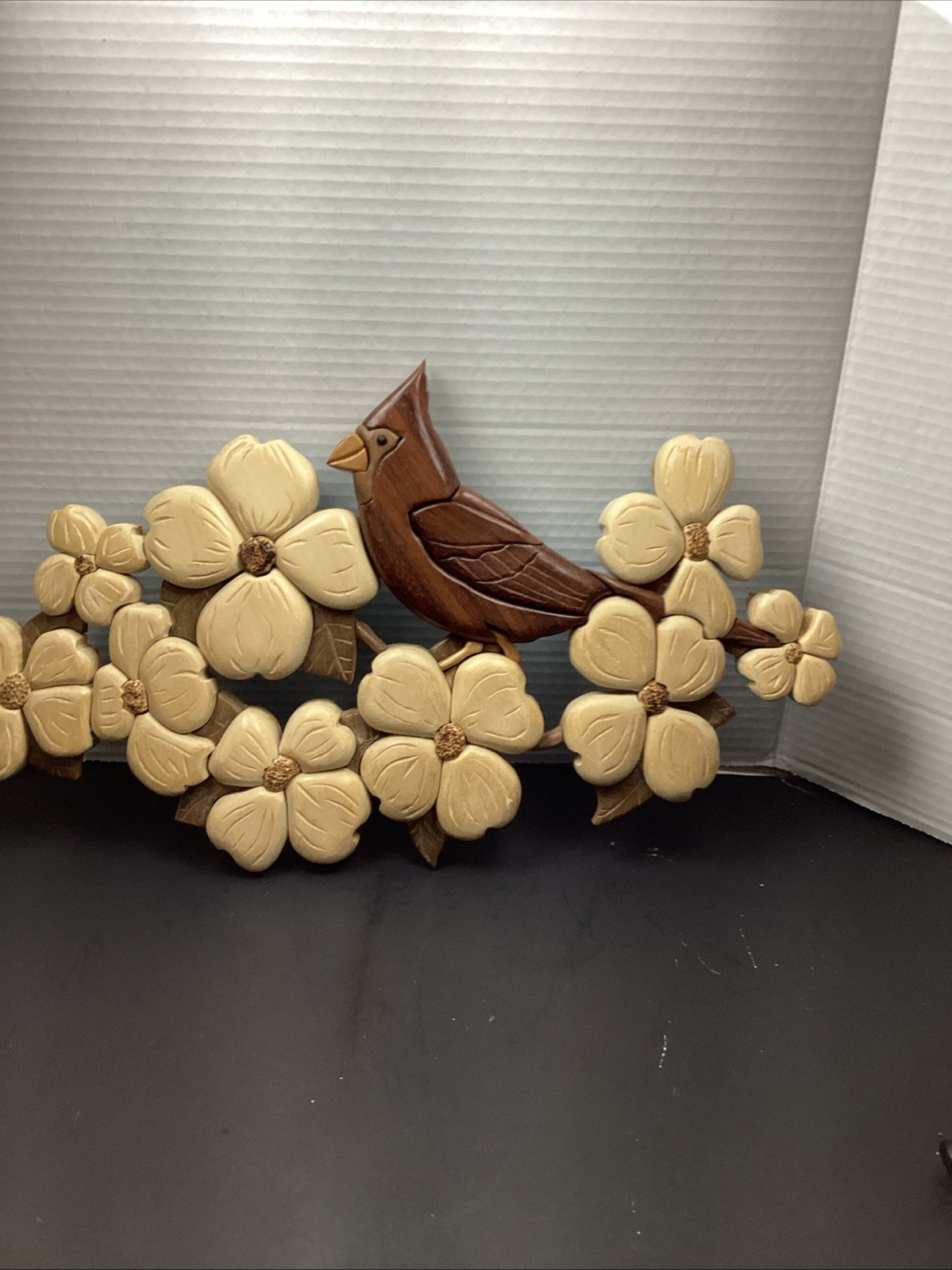 Hand crafted 3D Intarsia Wood Cardinal Bird & Dogwood Flowers Sign Wall Plaque