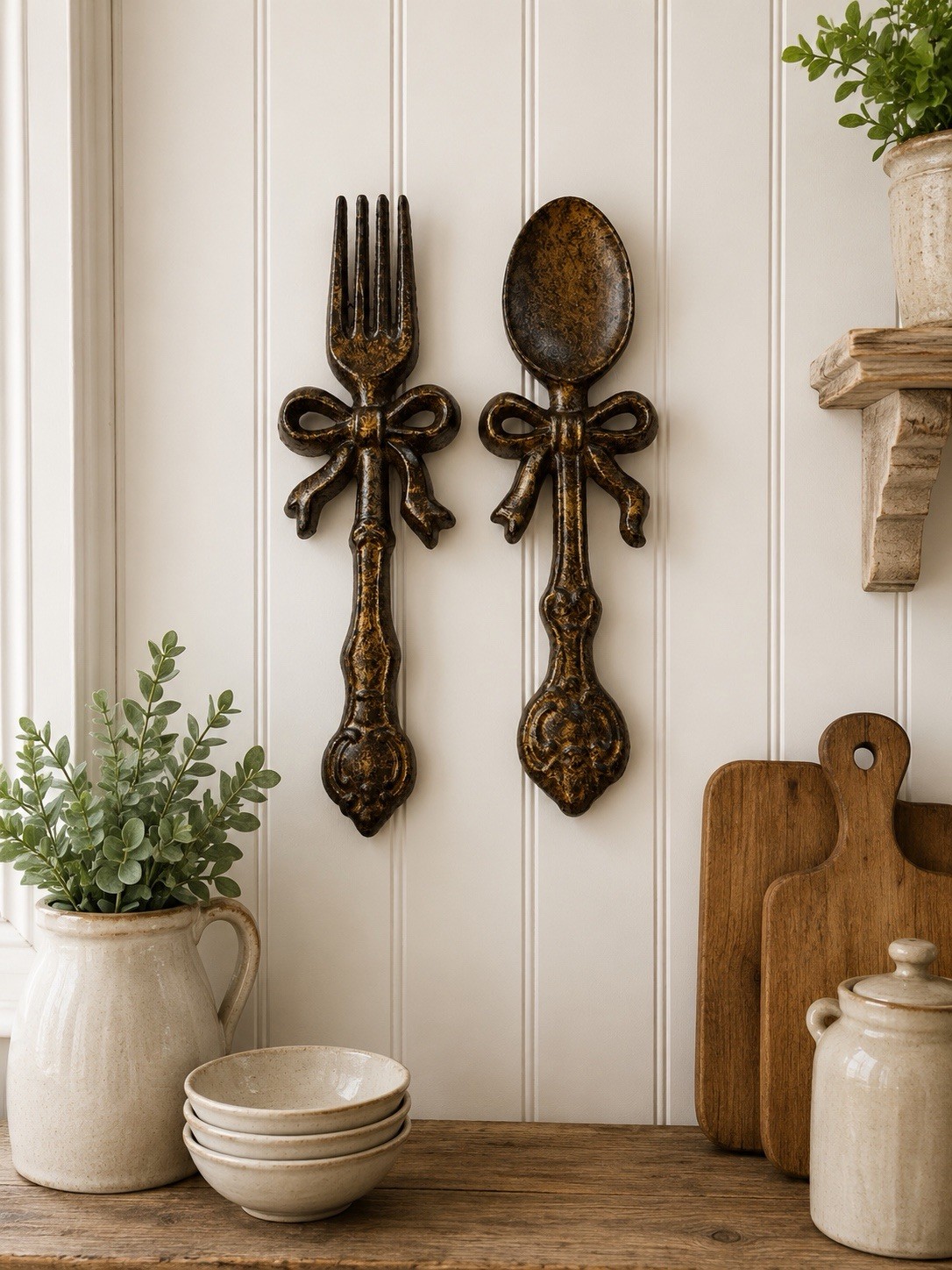 Antique Gold Cast Iron Fork & Spoon Kitchen Wall Decor 10” Ornate Metal Utensils