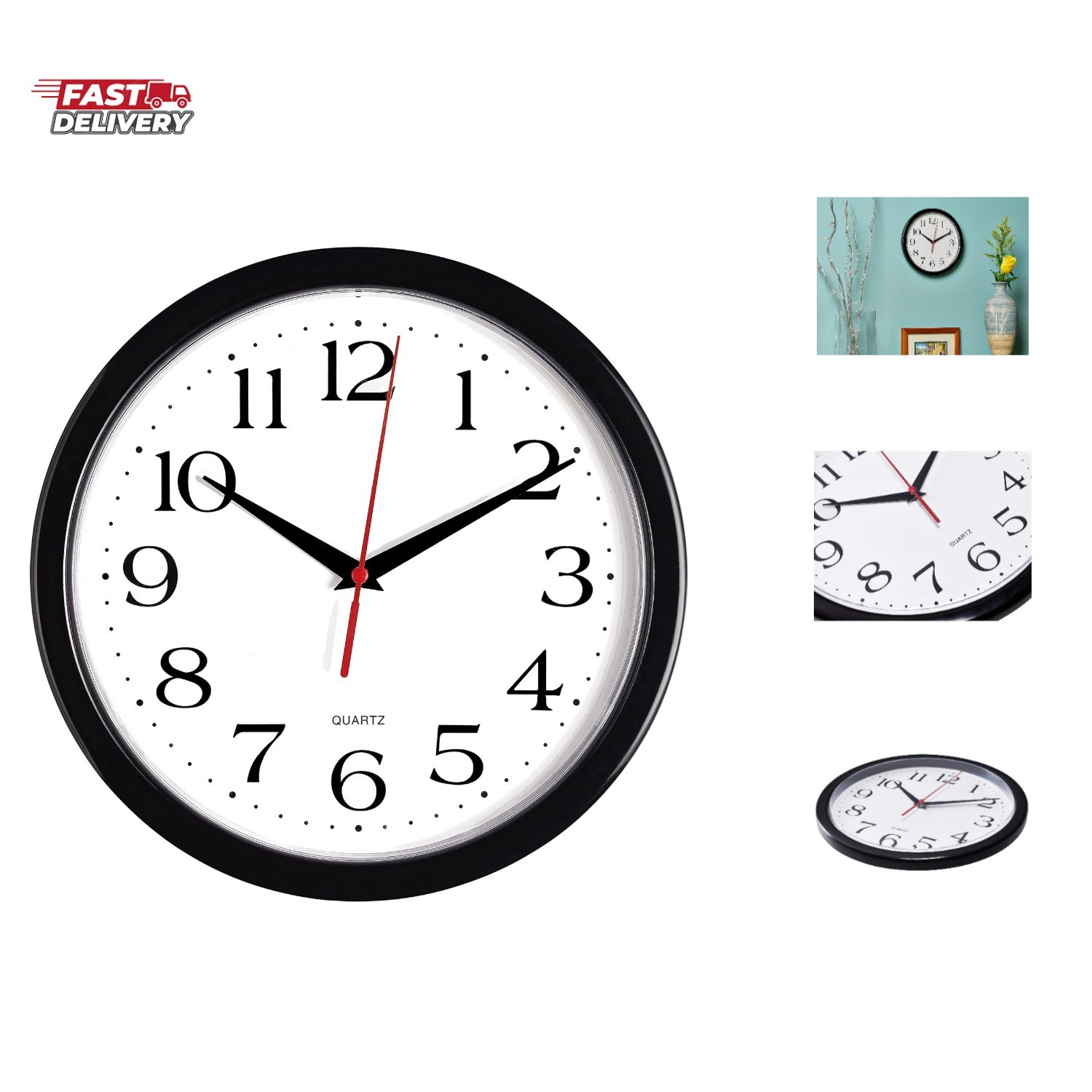Black Wall Clock Silent Non Ticking 10 Inch Quality Quartz Battery Operated R…
