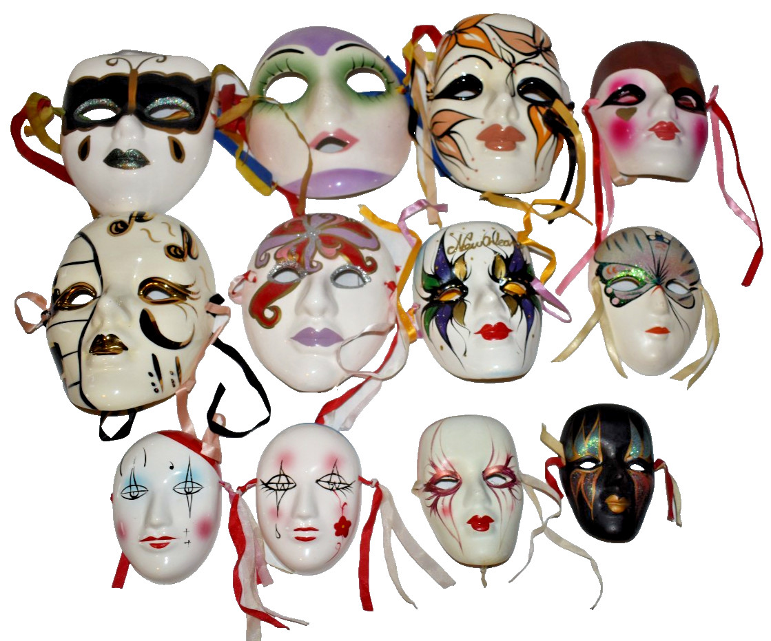 Lot of 12 Vintage Decorative Hand Painted Ceramic Mardi Gras Masquerade Masks