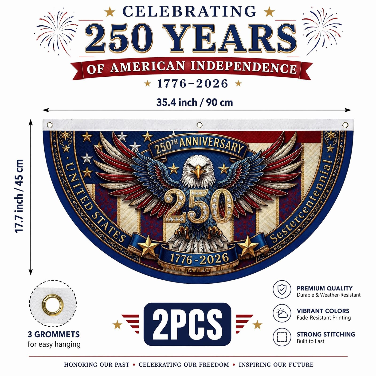 250th Anniversary Bunting Flag 2pcs Set DoubleSided Patriotic Eagle Design, 4…