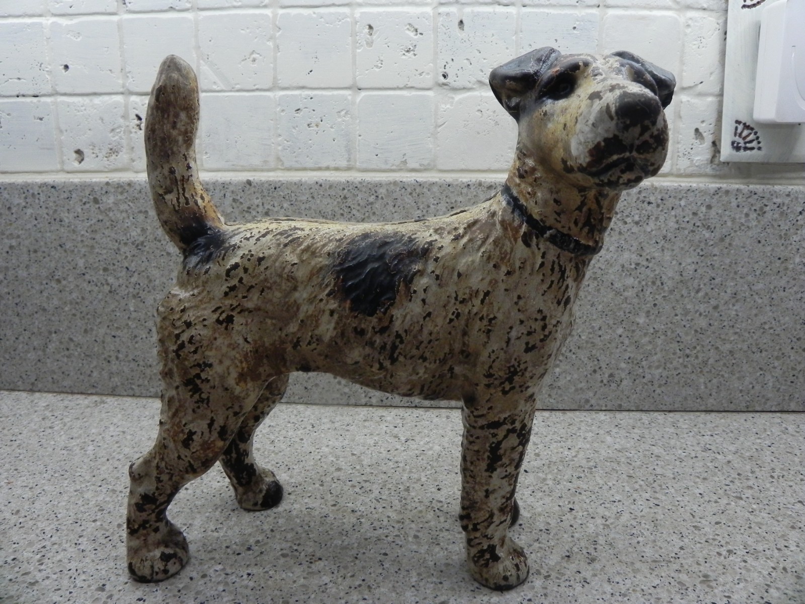 ANTIQUE Dog Doorstop Hubley Cast Iron Wire Hair Fox Terrier Original Paint!