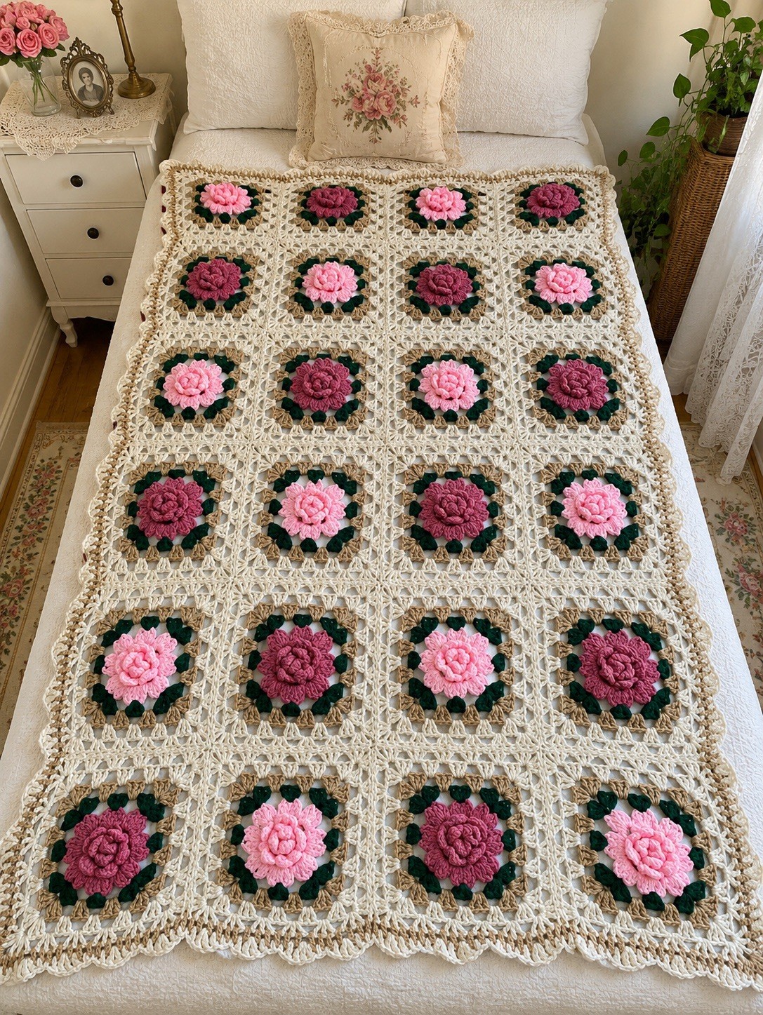 Crochet 3D Rose Afghan Throw Pink Floral Granny Square 57” x 36”