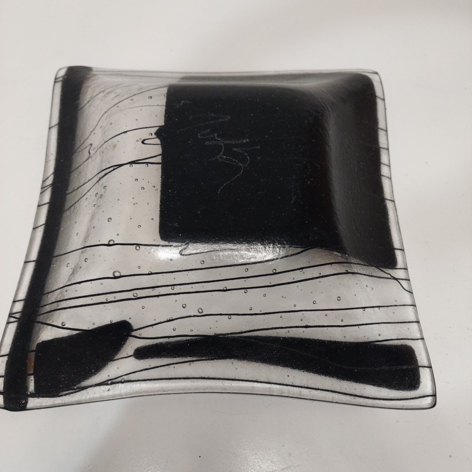 Signed Art Glass Modern Iridescent Fused Deep Dish Glass Square Plate/Plate Mcm