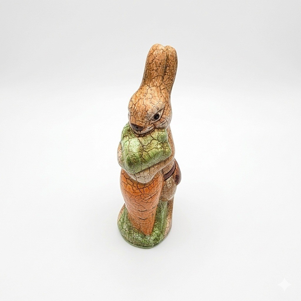 Vintage Crackle Glaze Ceramic Bunny Rabbit Figurine Holding Carrot Easter Decor
