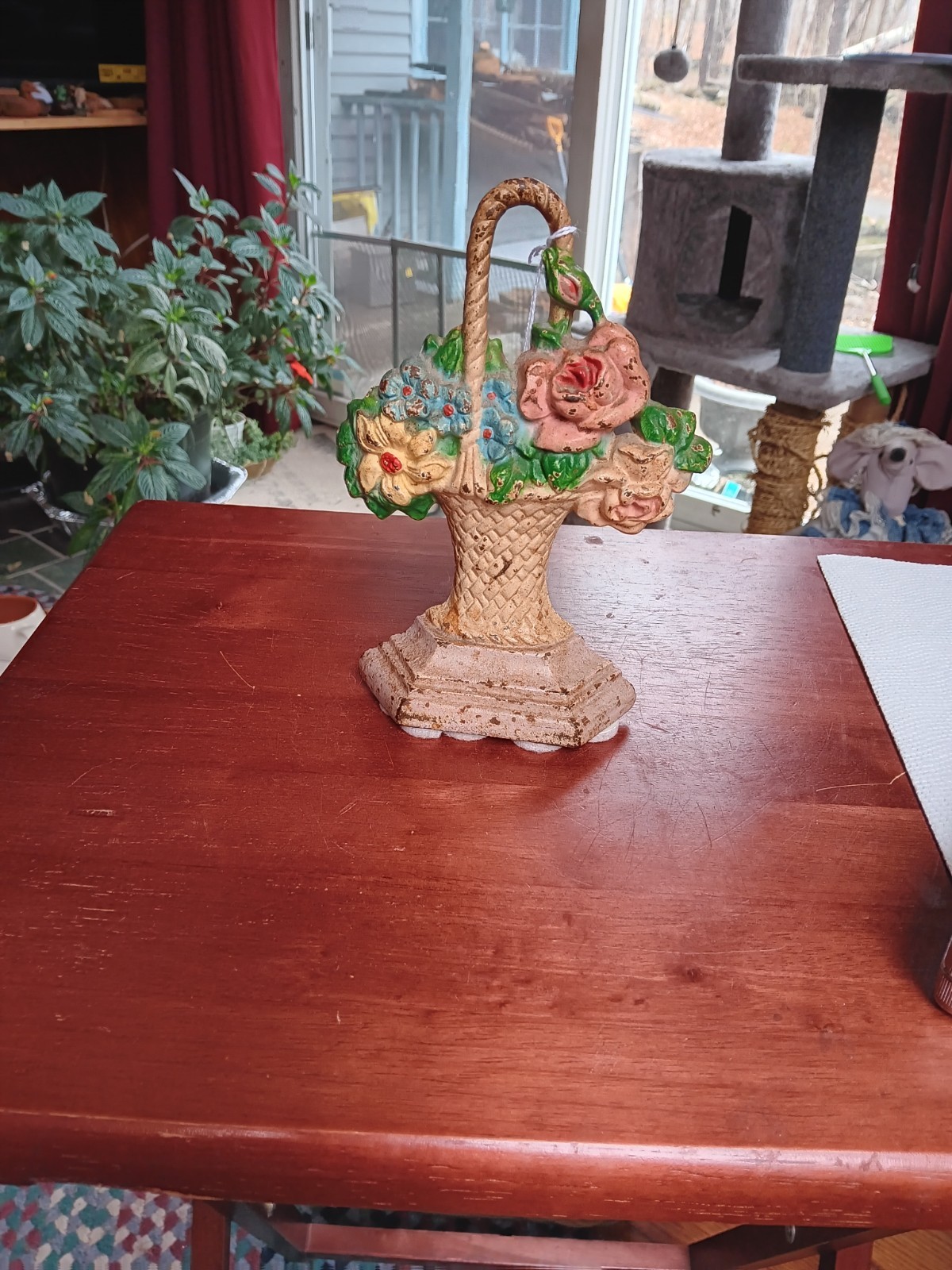 ANTIQUE HUBLEY CAST IRON DOOR STOP BASKET OF FLOWERS #2093