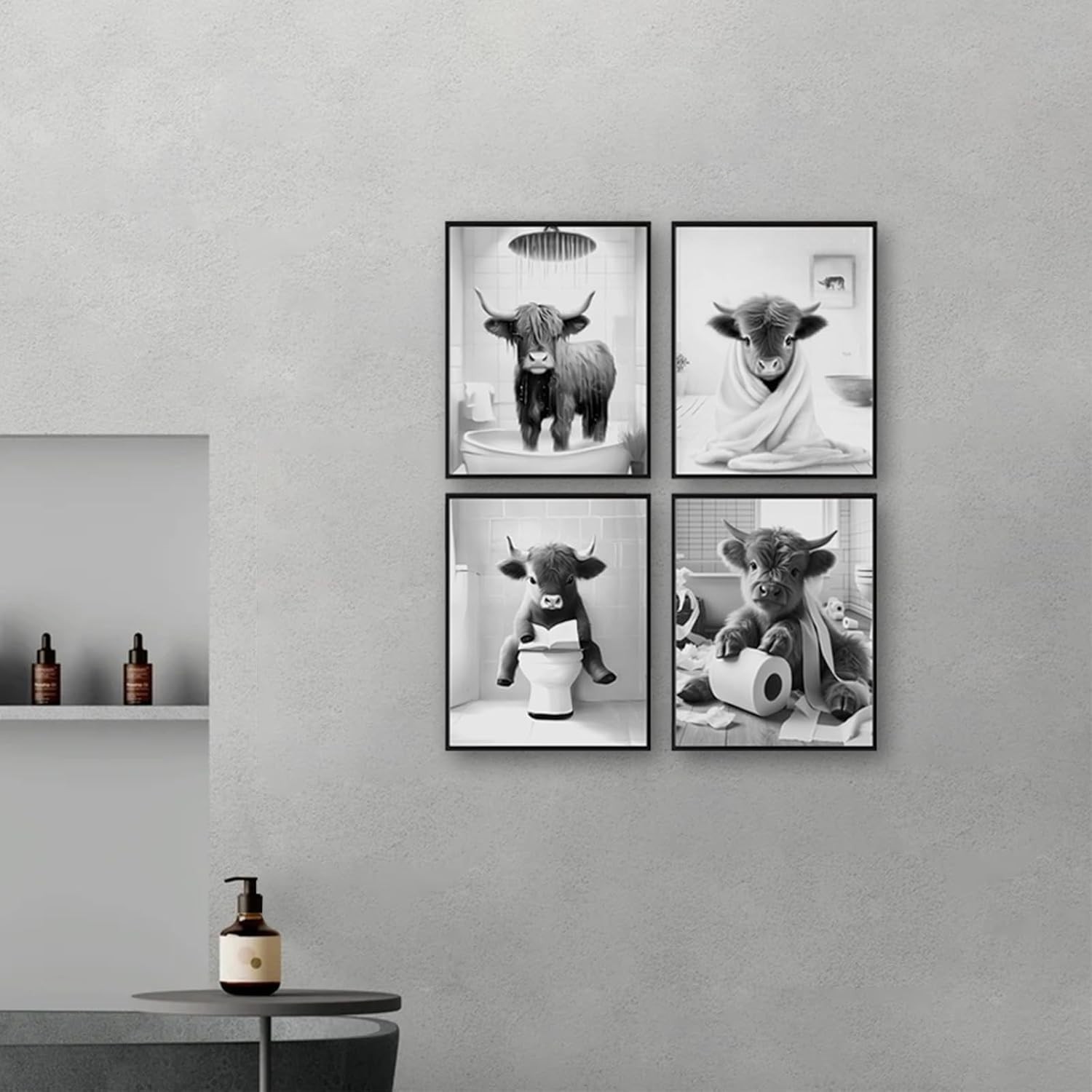 Humorous Black and White Highland Cow Canvas Prints – 8x10in Bathroom Decor