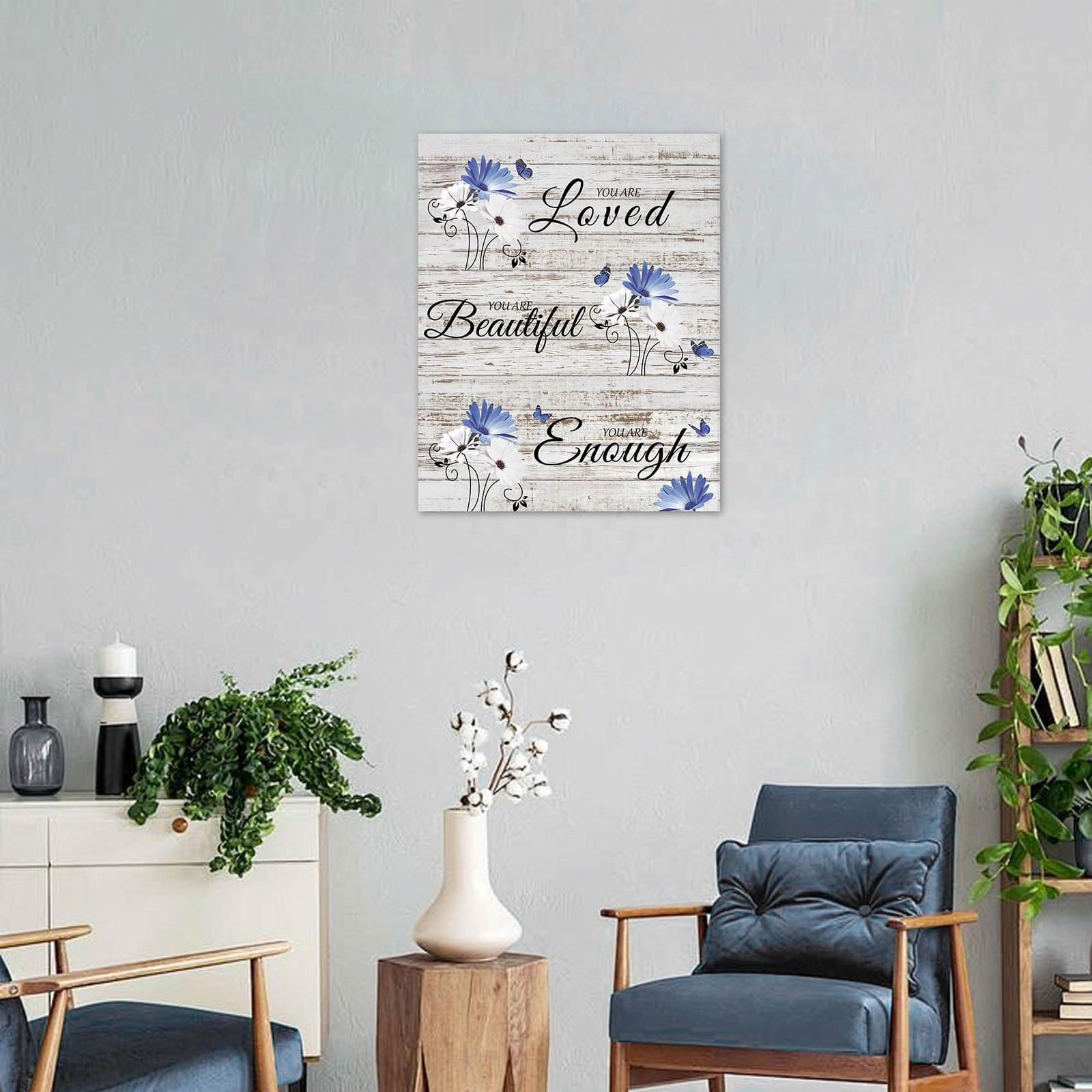 Farmhouse Blue Floral Wall Art Blue White Daisy Flower Butterfly on Rustic Wo…