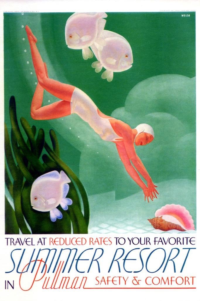 Pullman Train Summer Resort Vintage Travel Poster Print Retro Swimmer Wall Art
