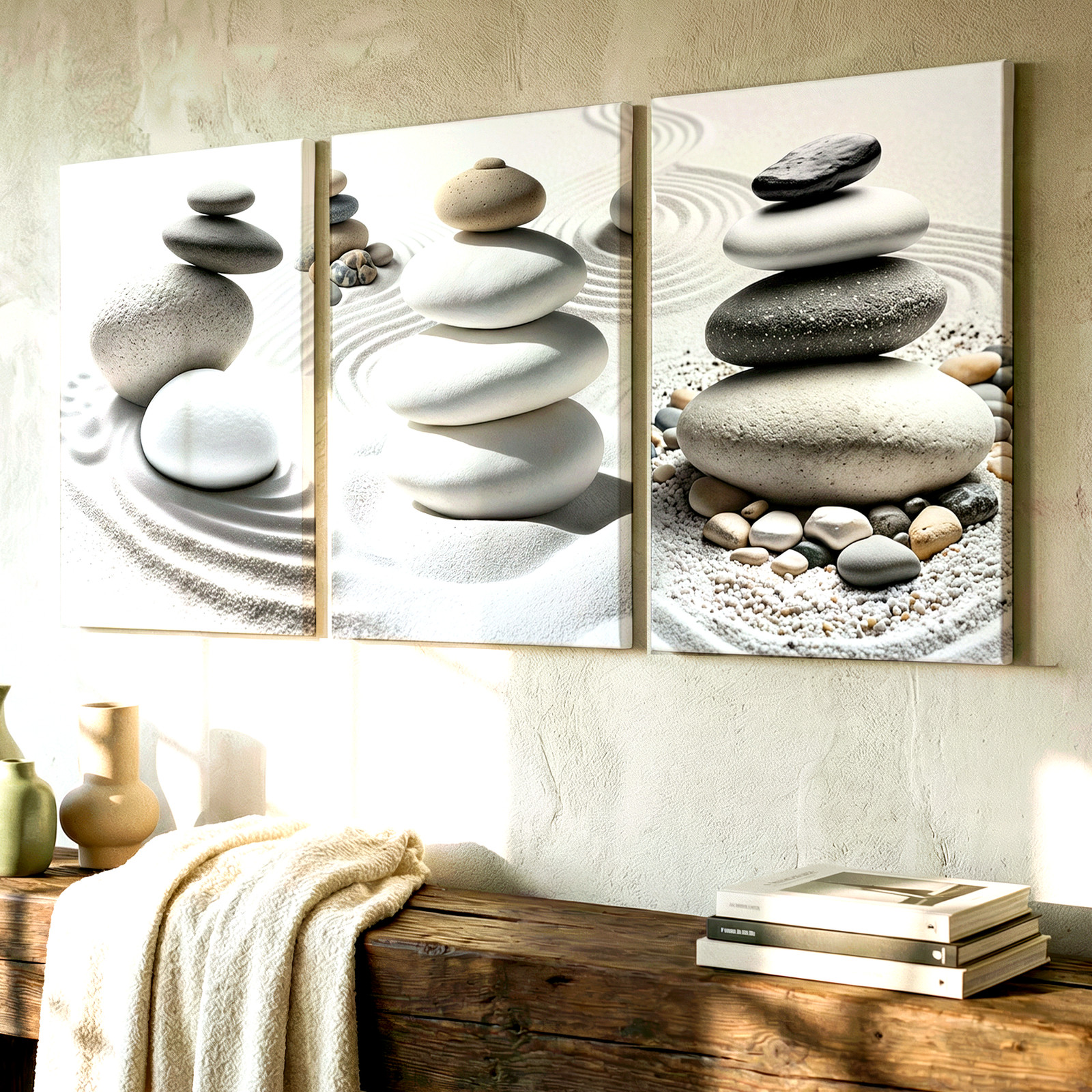 3 Pieces Zen Stone Balance Sand Patterns Tranquil Large Wall Art for Set Of 3