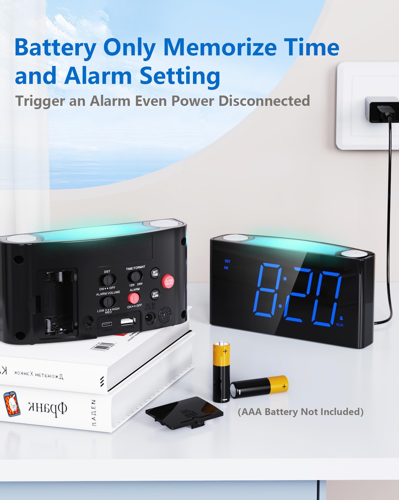 Digital Alarm Clock for Bedroom – 7 Color Night Light, USB and Type-C Charger,7.