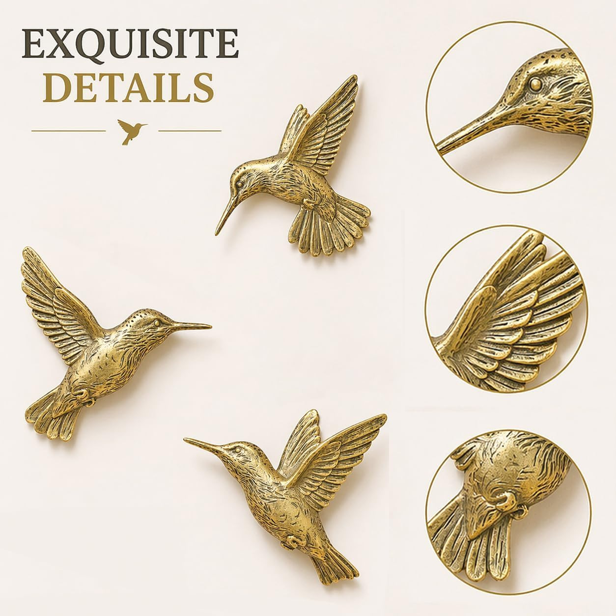 GUSFREUD 3D Hummingbird Wall Decor Set – Brass Resin Bird Wall Decor for Living
