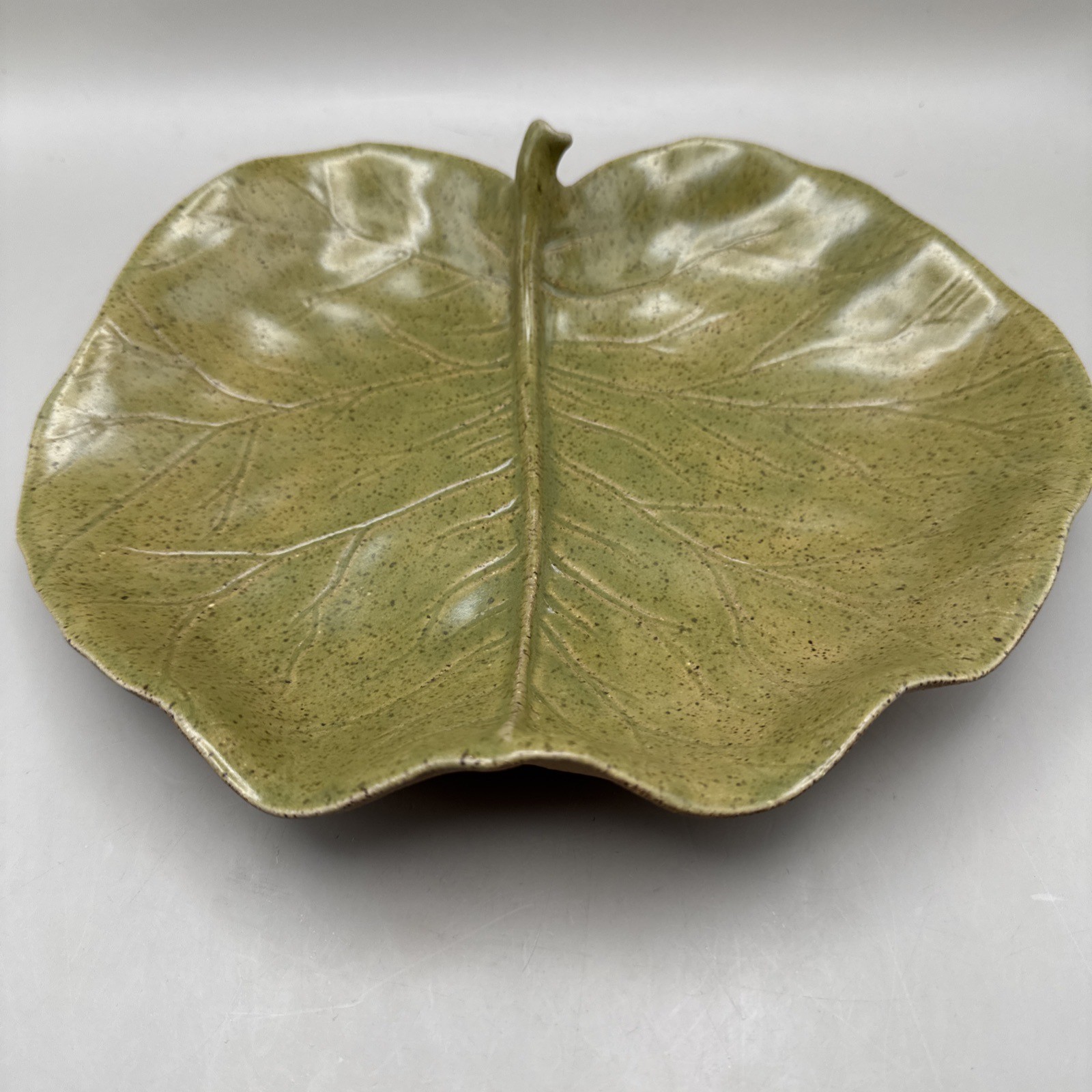 Studio Art Pottery Ceramic Fiddle Leaf Fig Shaped Plate Boho Signed Vintage