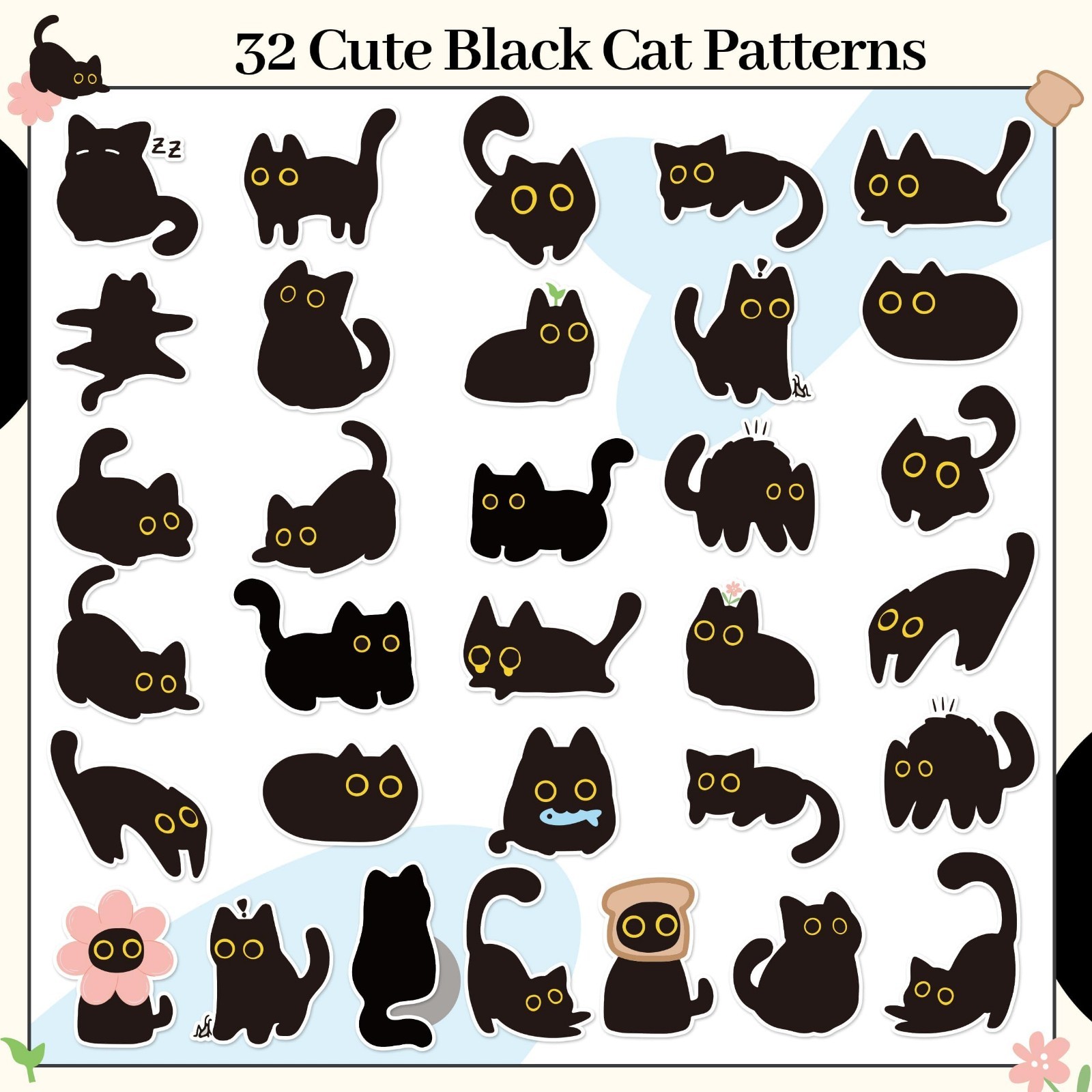 Cute Black Cat Stickers – 2000Pcs Cartoon Decals for Kids, Water Bottles, Laptop